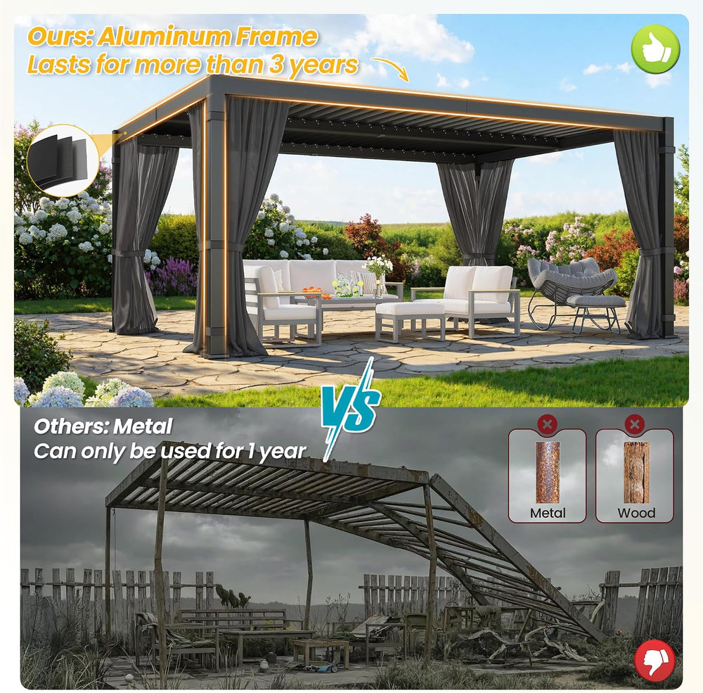 Pergola 12'x16' with Adjustable Roof & Thick Aluminum Frame for A...