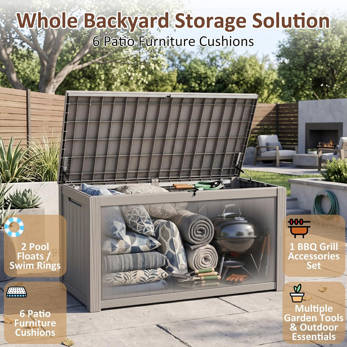 260 gallon large resin deck box, heavy duty shown in use