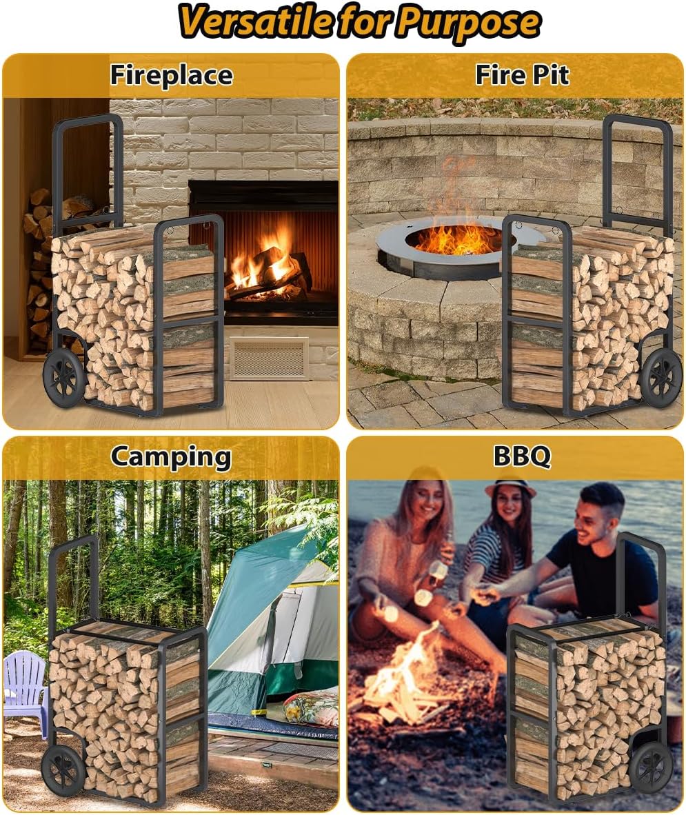 easy-assembly firewood cart, rolling log carrier for outdoor on a desk or shelf