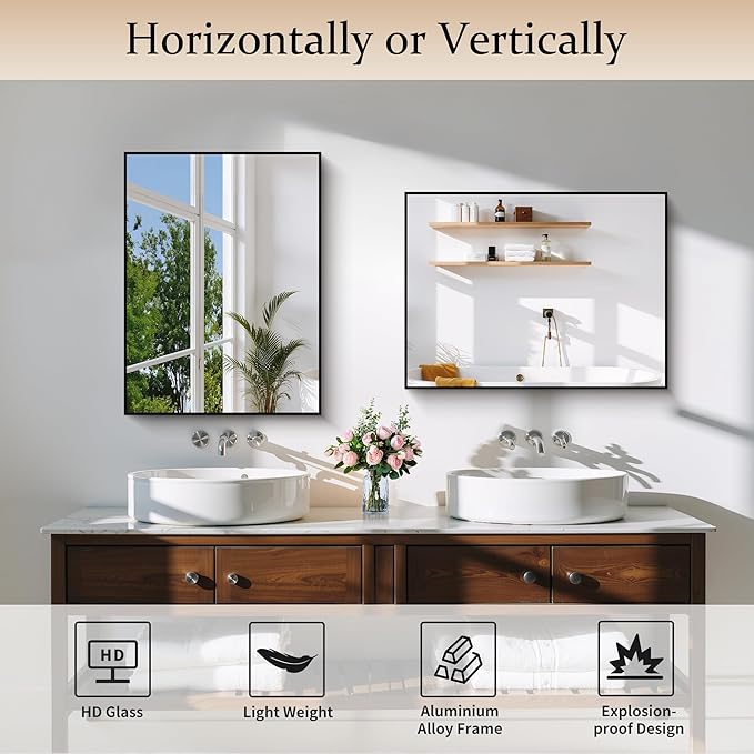 Black Bathroom Mirror for Wall, 18x24 Inch Rectangle Mirror