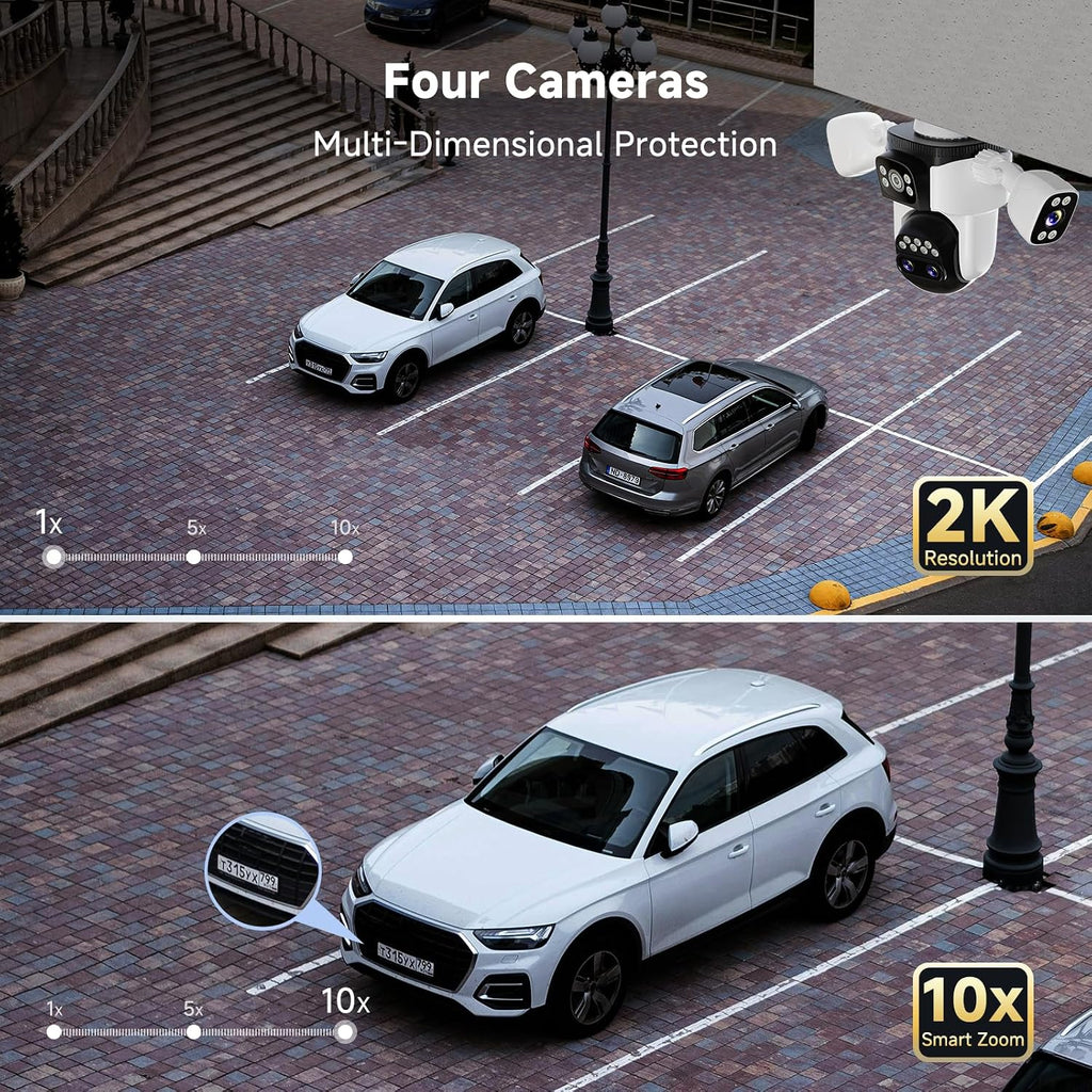vstarcam 4-lens security cameras wireless outdoor, 4-in-1 multi-view showing dimensions