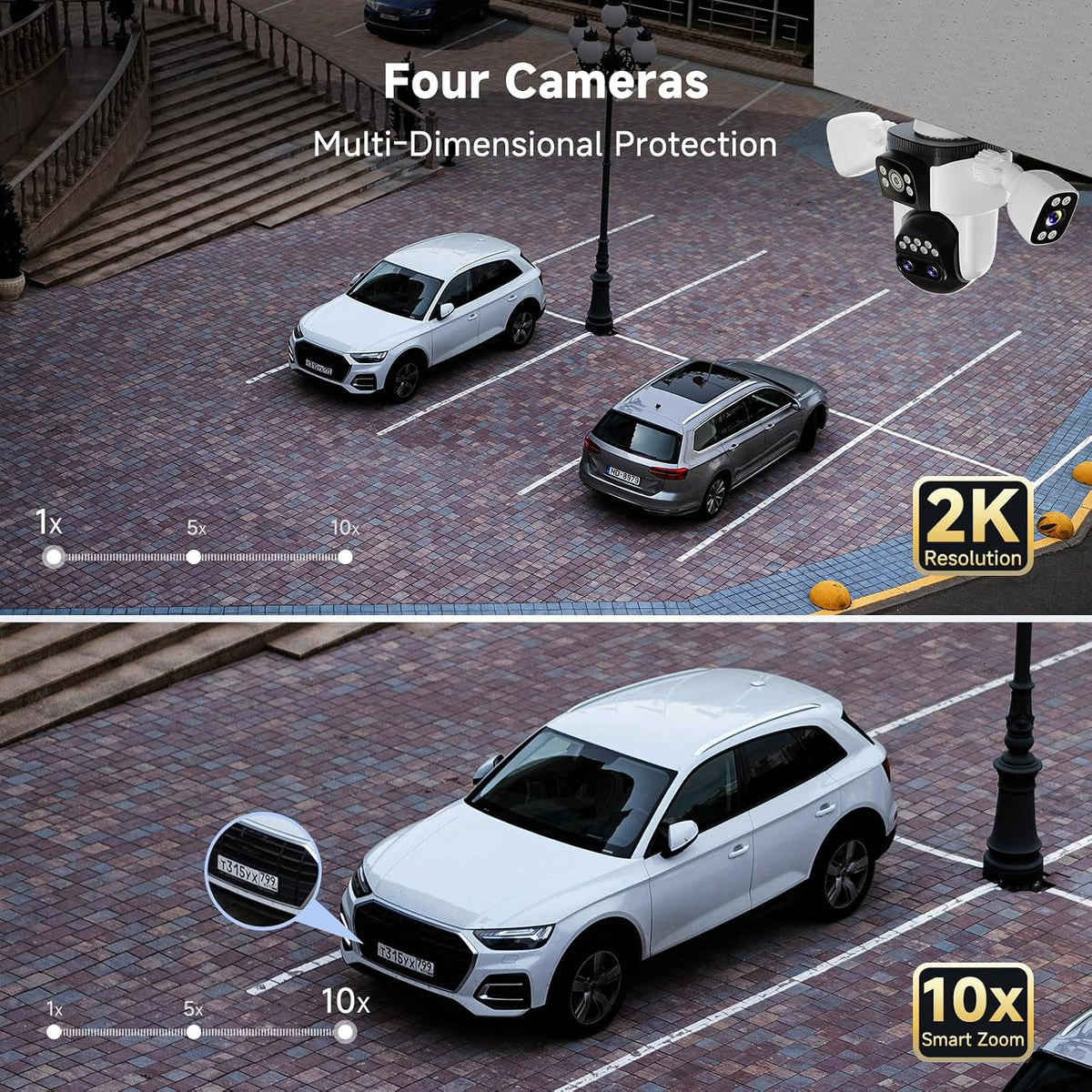 vstarcam 4-lens security cameras wireless outdoor, 4-in-1 multi-view showing dimensions