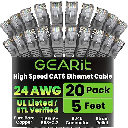 GEARit Cat 6 Ethernet Cable Cat6 Network Patch, Snagless Cord, Internet (20-Pack)