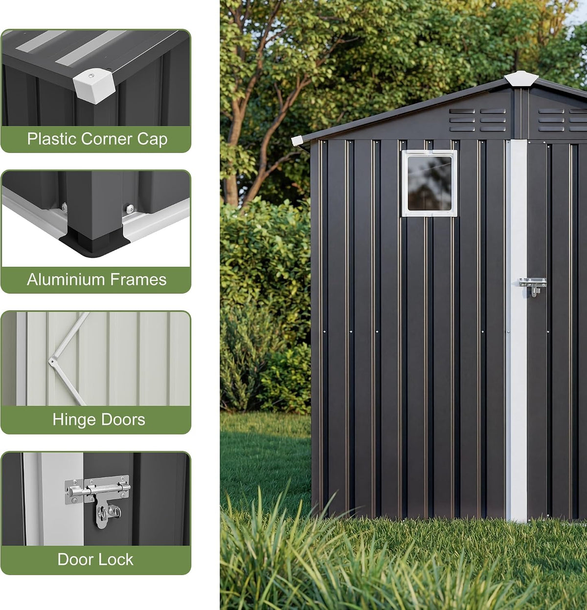 outdoor metal storage shed 6x4 ft,gray lockable storage, side view