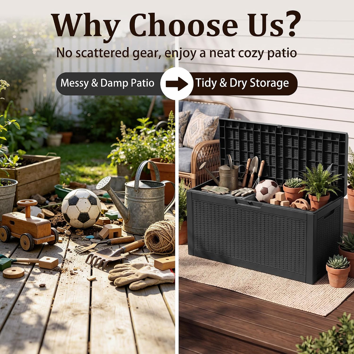 outdoor storage box,90 gallon lockable deck box,black, side view