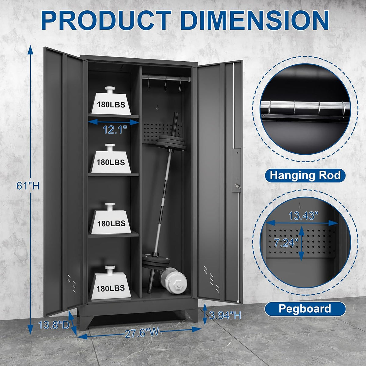 oseillc garage storage cabinet, broom closet storage cabinet, close-up detail