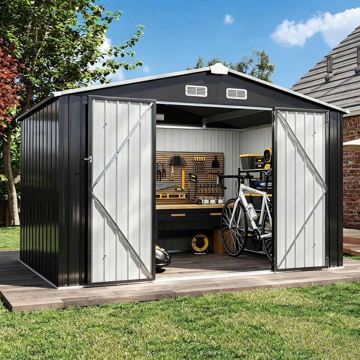Aoxun 8x6 FT Outdoor Metal Storage Shed with Lockable Doors, Black