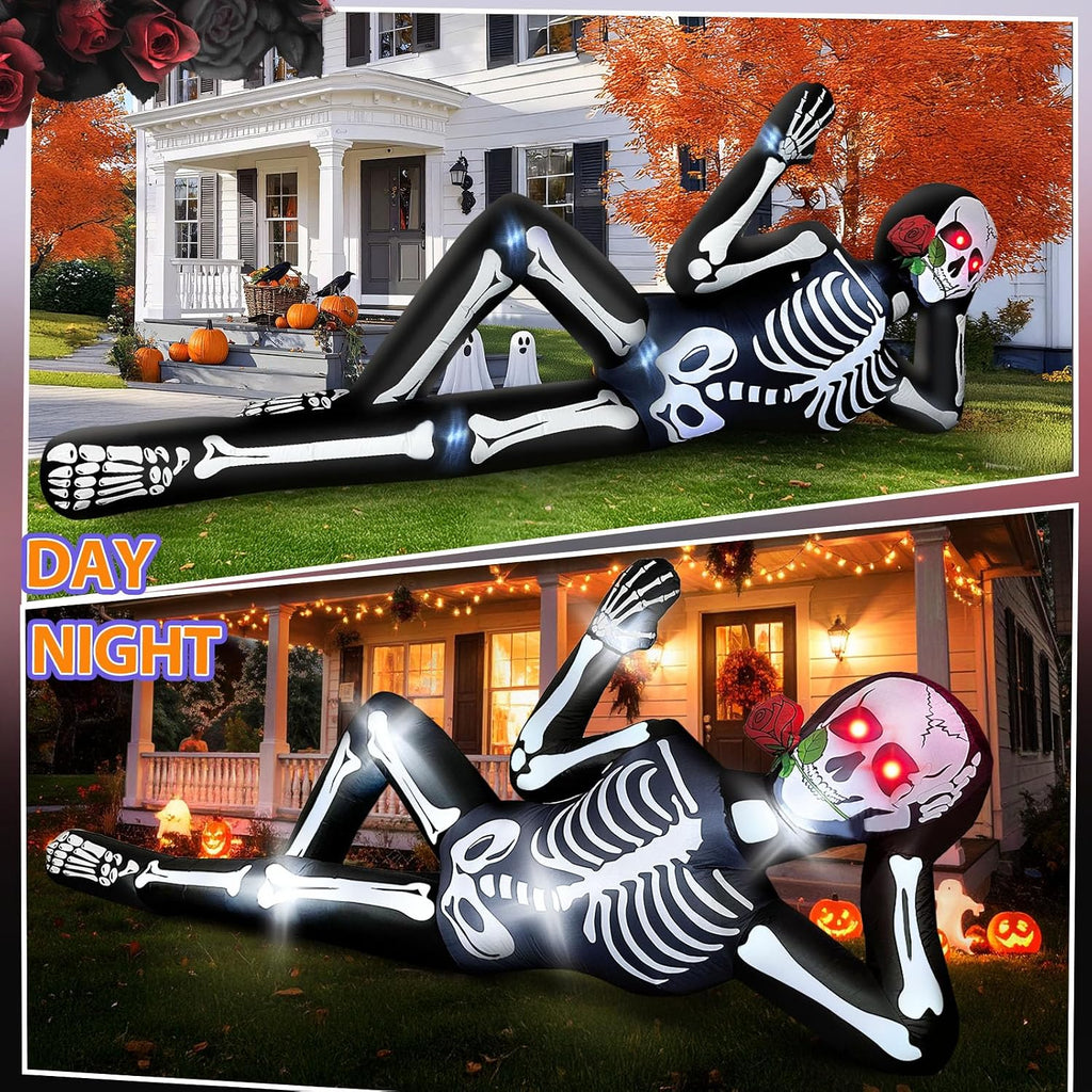10FT Halloween Inflatable Outdoor Decoration, Lying Giant Skeleton with LED