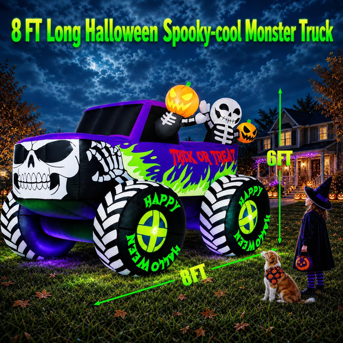 8FT Long Giant Halloween Inflatables Decoration Outdoor Skeleton Monster Truck Built-in Full-Body LEDs Huge Blow up Yard Decorations Large Blowups Strong Blower for Lawn Party Festival