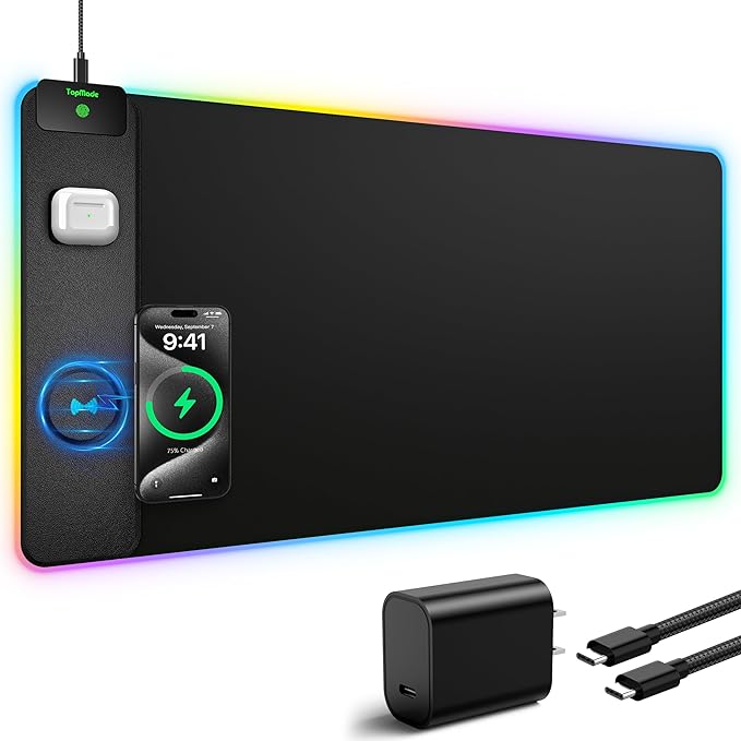TopMade Wireless Charging Mouse Pad, RGB Gaming Mousepad Home Office Desk Pad