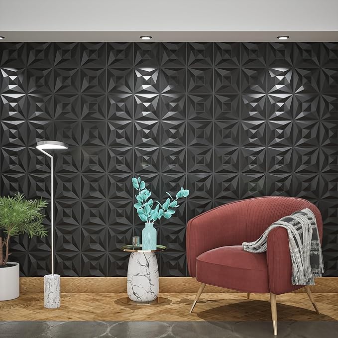Greymond Black PVC 3D Wall Panels, 33 Pack 11.8''x11.8''Geometric Design
