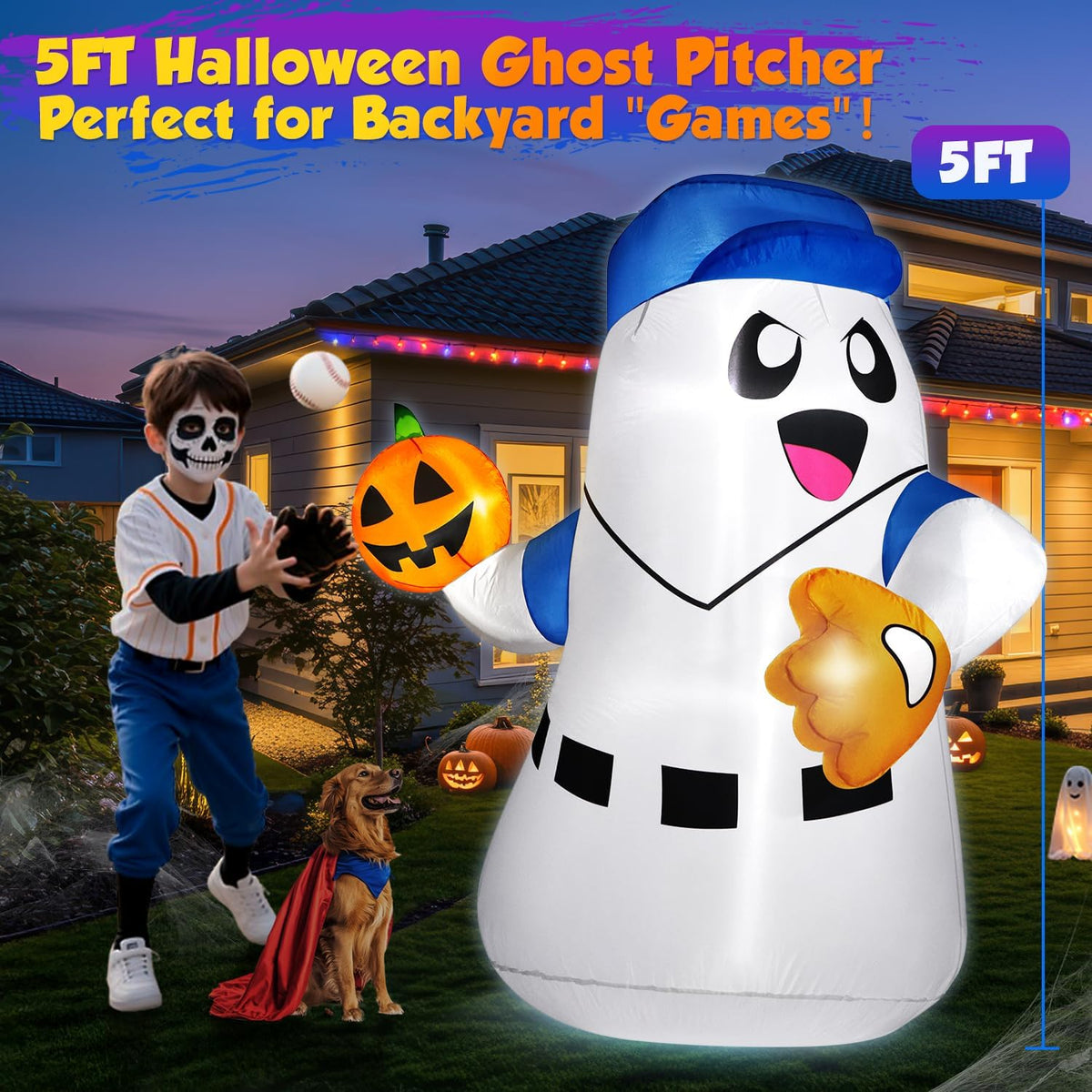 5FT Halloween Inflatables Ghost Pitcher with Pumpkin Baseball, Halloween Decoration Outdoor Blow Up Yard Decoration Built-in Bright LED Lights for Indoor & Outdoor Festival Yard Party
