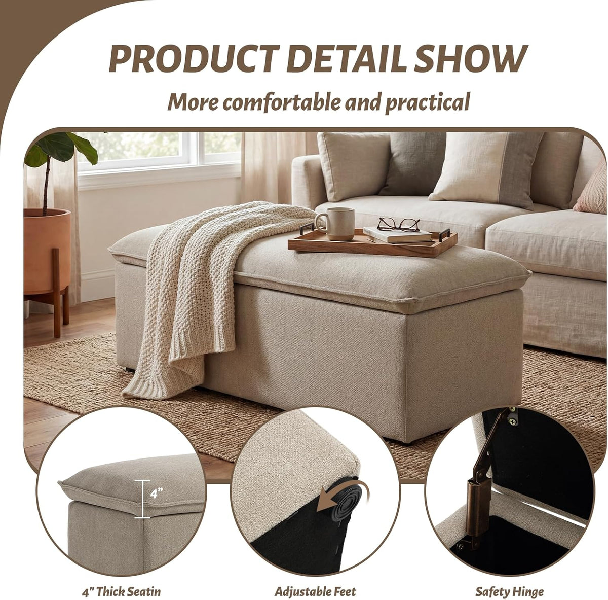 ya-home modern storage bench, upholstered storage ottoman chenille, close-up detail