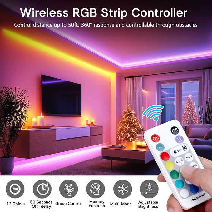 EMITEVER RGB LED Strip Light 16.4ft, Dimmable COB 24V Flexible LED Color