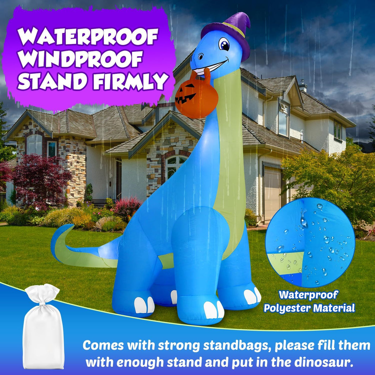 zukakii 13Ft Giant Halloween Inflatable Decorations Dinosaur, Build-in LEDs & Strong Blower Bite Huge Pumpkin with Witch Hat Large Blow Up Halloween Yard Outdoor Indoor Holiday Party