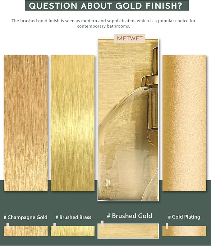 METWET Bathroom Light Fixtures, 2 Light Brushed Gold Vanity Light, Modern Wall