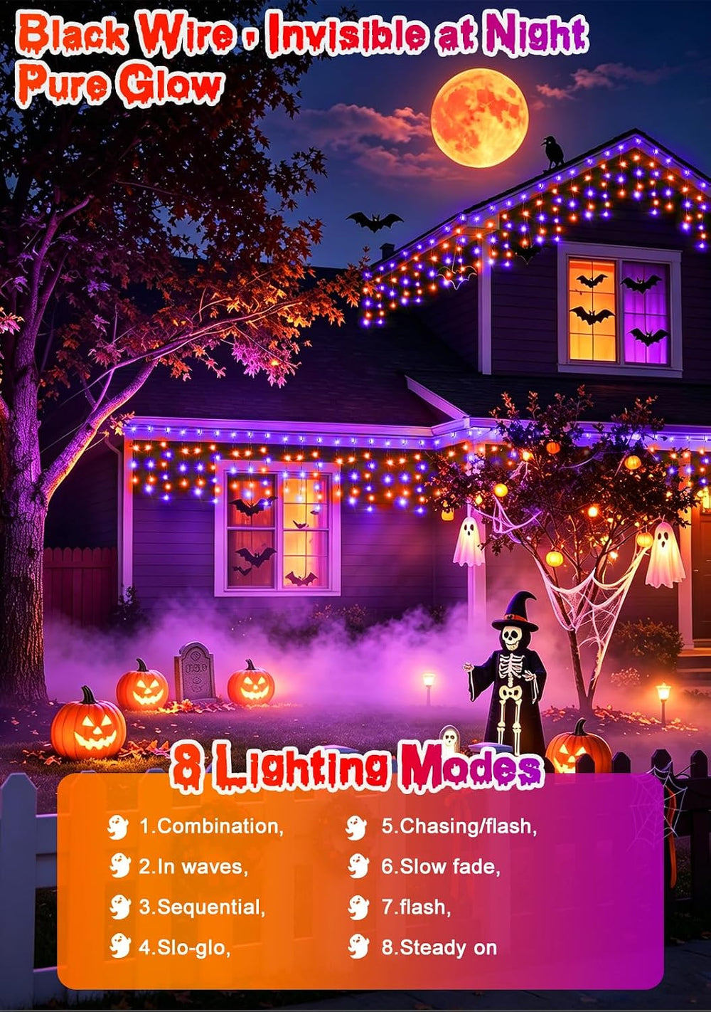 66FT 640LED Orange Purple Halloween Lights Outdoor 8 Modes Plug-in