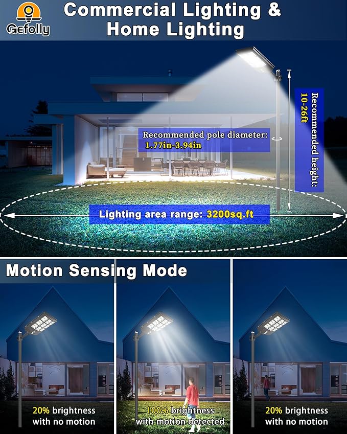 Gefolly SL-4600W Solar Street Light Outdoor 460000LM Wide Angle Commercial