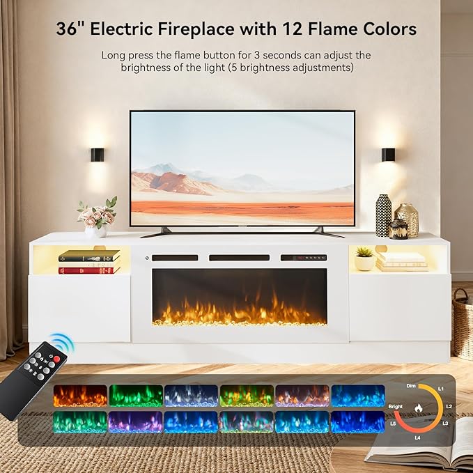 YISUFO 70" TV Stand with 36" Electric Fireplace, Large Modern Media