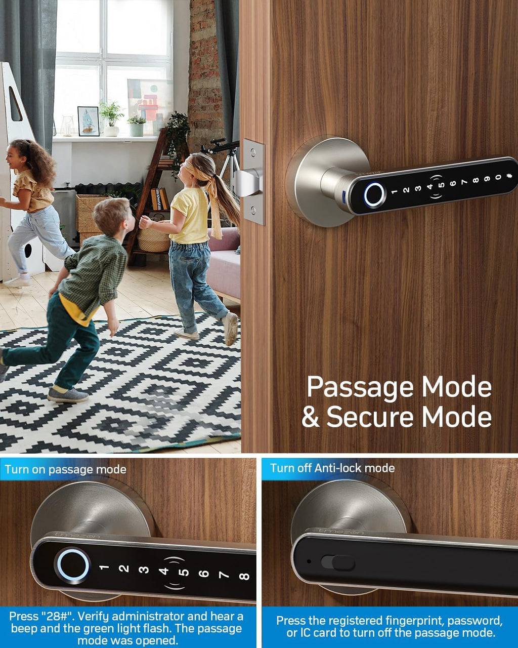 TMEZON Smart Door Lock Fingerprint, Keyless Entry Door Lock with Handle APP/IC Cards/Codes/Keys/Fingerprints Biometric Electronic Smart Lock for Bedroom Home Hotel Office