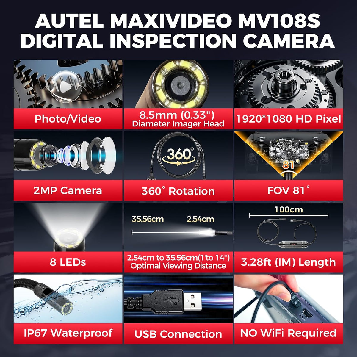 autel mv108s 1080p hd inspection camera, 8.5mm probe shown in use