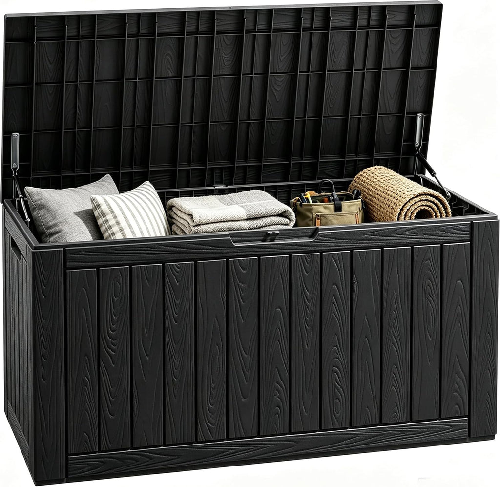 Fancyango 110 Gallon Waterproof Deck Box, Resin Outdoor Storage Box, Black