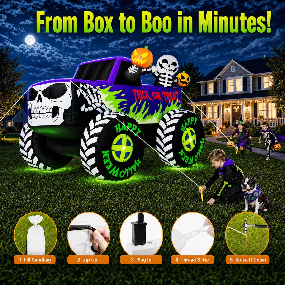 8FT Long Giant Halloween Inflatables Decoration Outdoor Skeleton Monster Truck Built-in Full-Body LEDs Huge Blow up Yard Decorations Large Blowups Strong Blower for Lawn Party Festival
