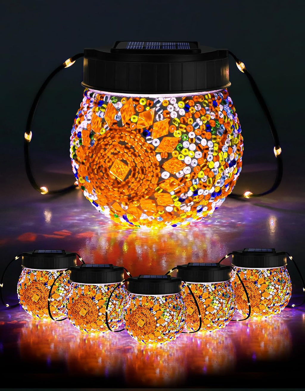 Mosaic Solar Lights Outdoor 6 Pack, Solar Hanging Lanterns Christmas Halloween Gifts for Women Mom Grandma, Waterproof Glass Globe Lights, Garden Patio Decor for Yard, Tree, Balcony, Warm