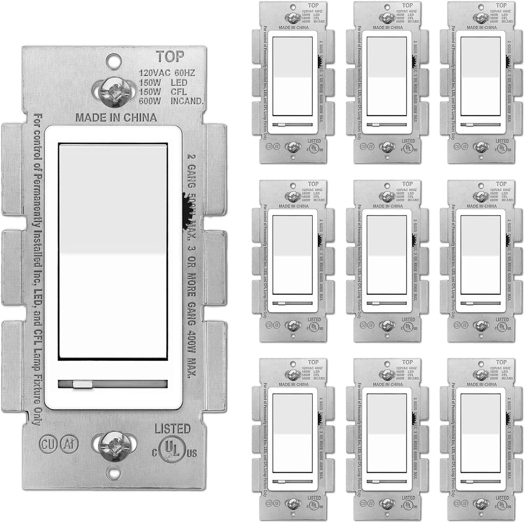 BESTTEN 10 Pack Dimmer Light Switch, Single Pole or 3-Way, Slide Dimmer Switches