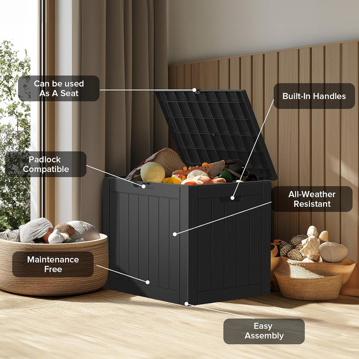 patiozen 30 gallon resin deck box with lockable showing dimensions