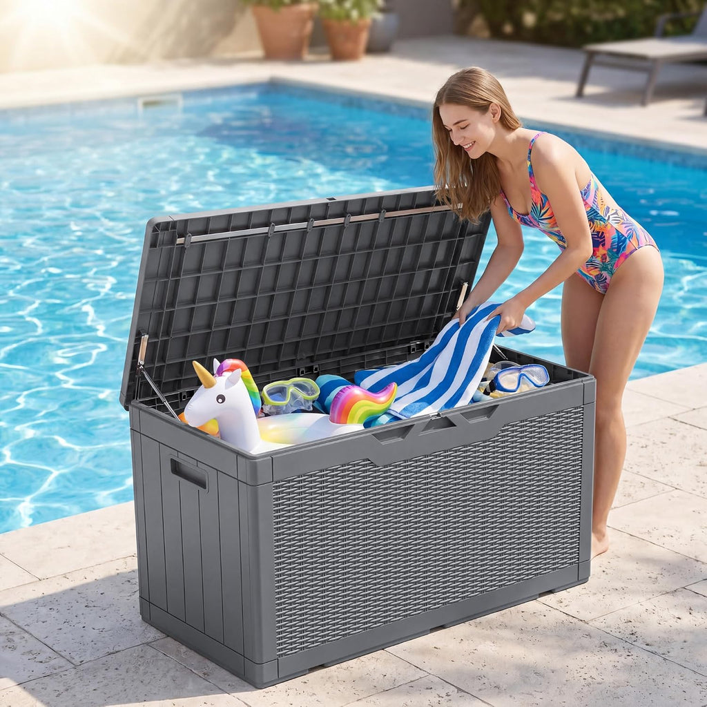 jummico 100 gallon with cushion deck box, waterproof showing dimensions