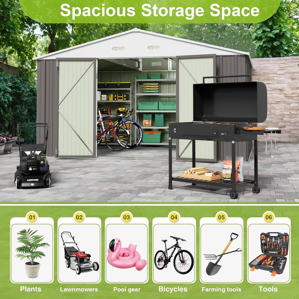 jummico 10x10 ft outdoor storage shed, grey, close-up detail