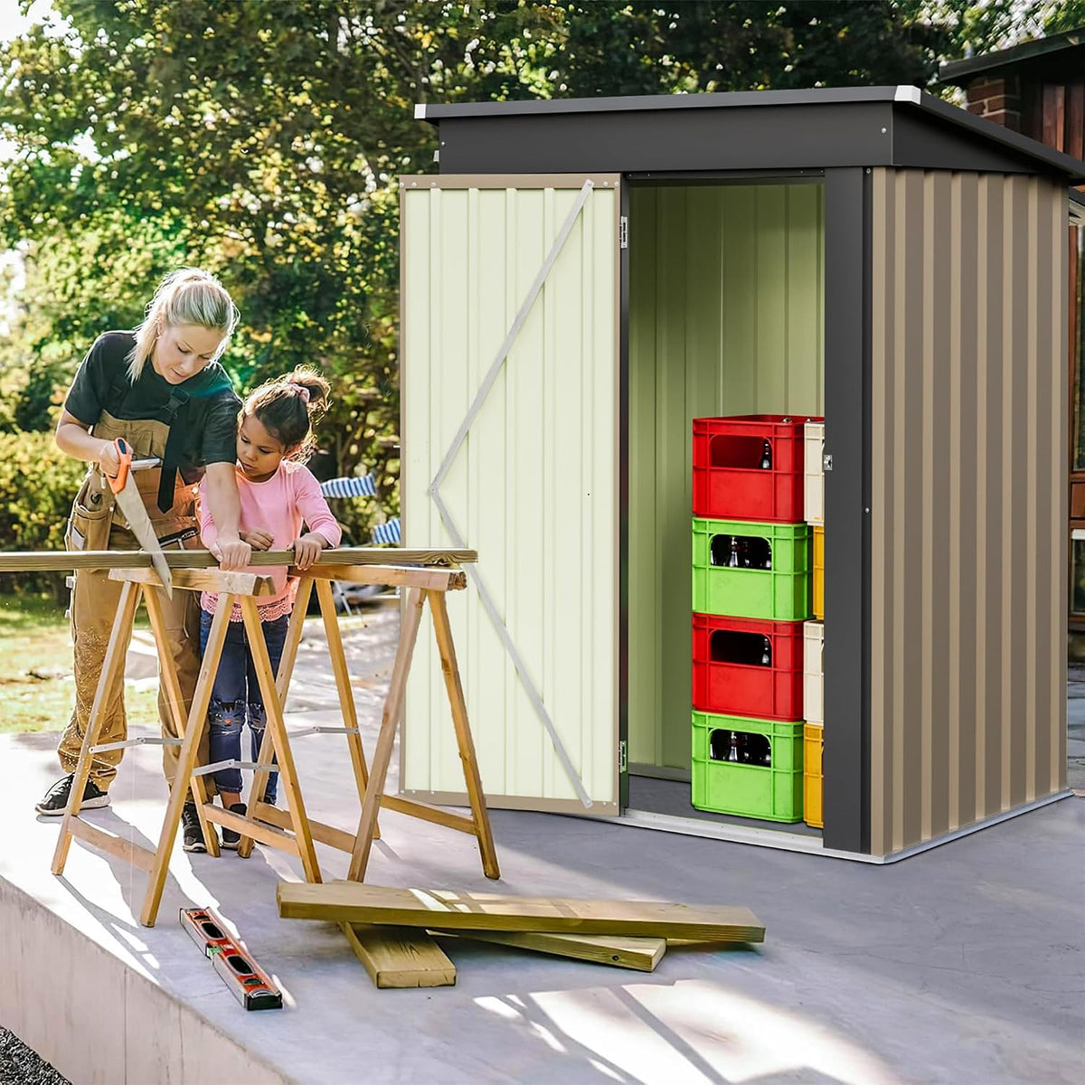 furniwell 5x3 ft outdoor storage shed, metal garden shown in use