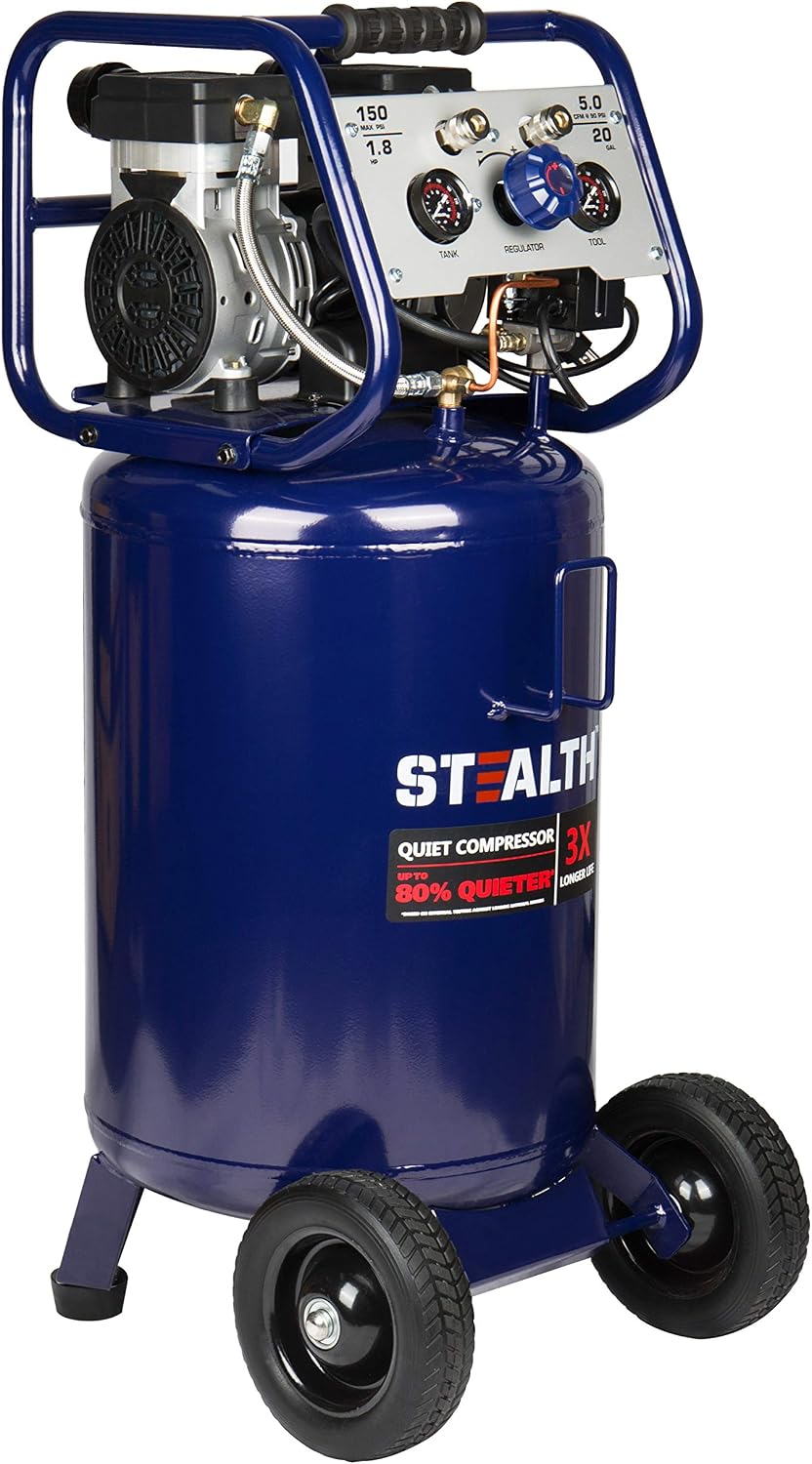 Stealth 20 Gallon Ultra Quiet Air Compressor,1.8 HP Oil-Free Peak 150 PSI 68 ...