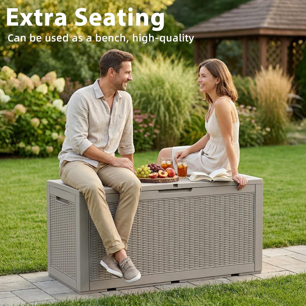 155gal outdoor storage box, lockable grey deck box shown in use