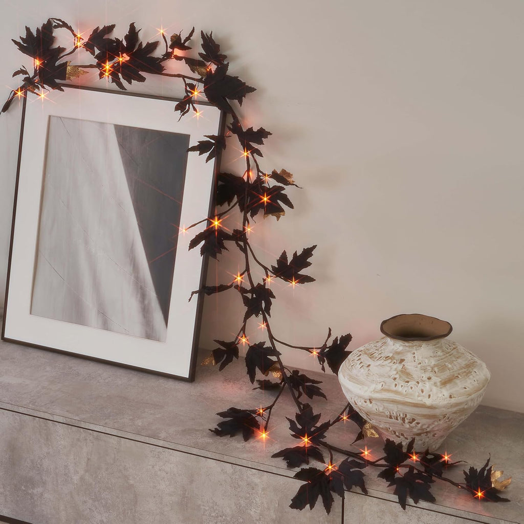 Birchlitland Halloween Black Maple Garland with Lights Timer 48 LED Orange and Warm White Fairy Lights, Battery Operated for Indoor and Outdoor Halloween Party Decoration