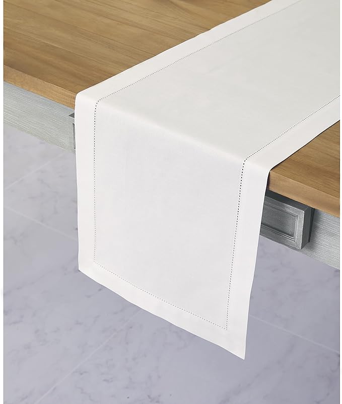 Solino Home White Table Runner 132 Inches Long - Cotton Linen Hemstitch Extra Long Table Runner 14 x 132 Inch for Fall, Autumn, Halloween, Thanksgiving, Christmas, Holiday