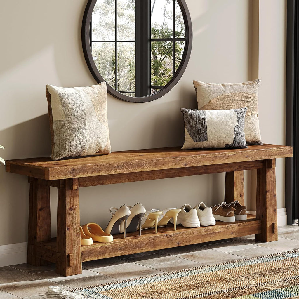 Solid Wood Entryway Bench, 55" Rustic Bench Seat with Shoe Storage, 350 LB