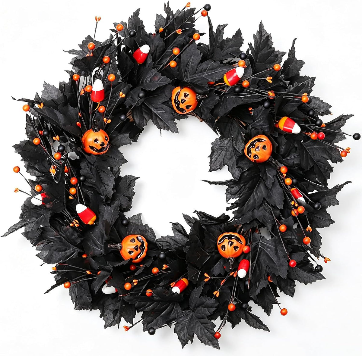 Pumpkin Halloween Wreath 24 Inch Black Maple Leave Wreaths for Front Door with Ghost Pumpkin Orange Berries for Indoor Window Wall Halloween Party