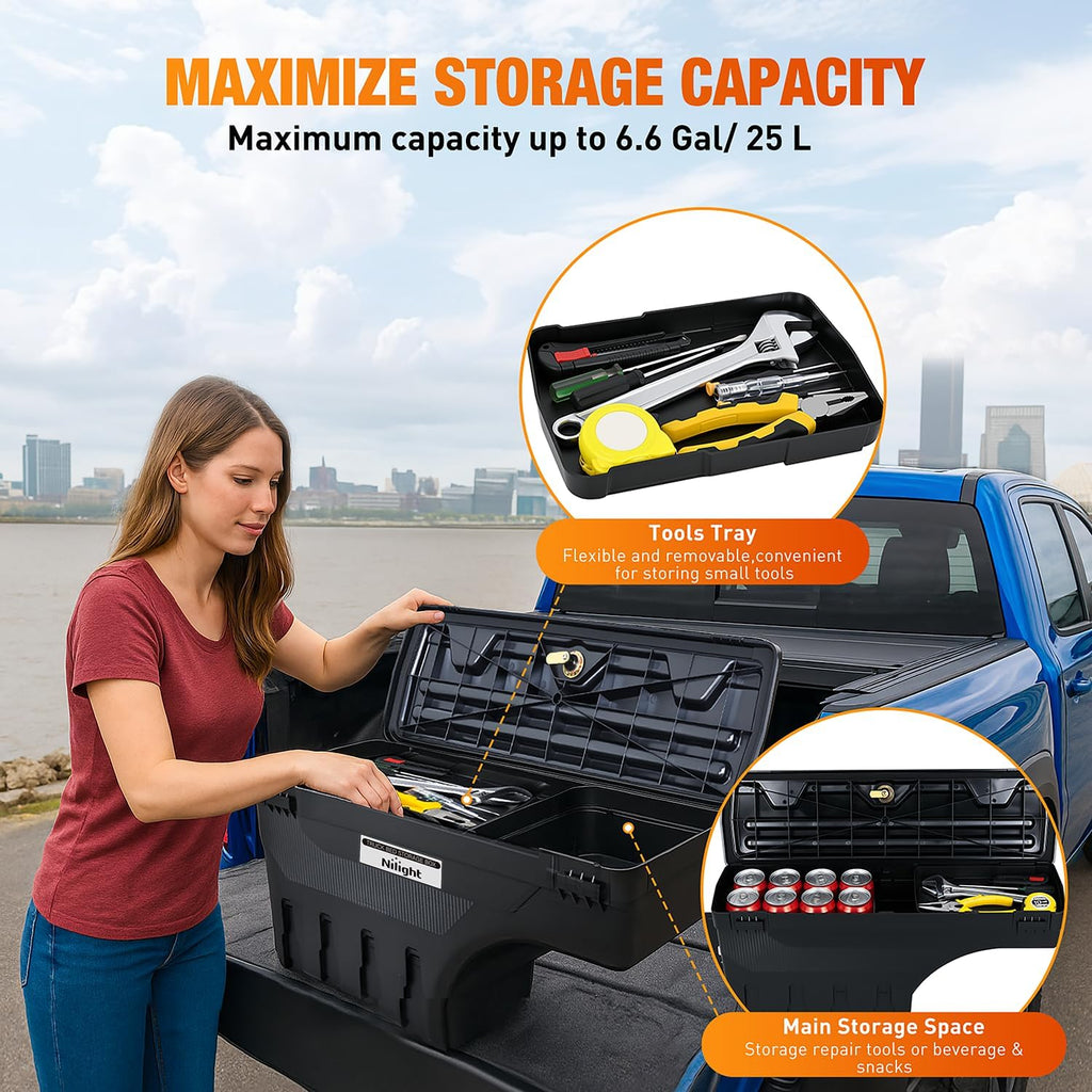 nilight truck bed tool box driver side & shown in use