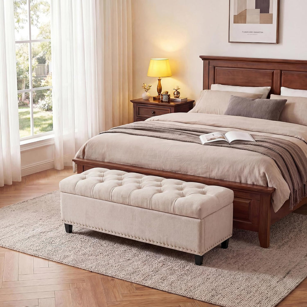 51" extra large storage ottoman bench, supports 660lbs shown in use