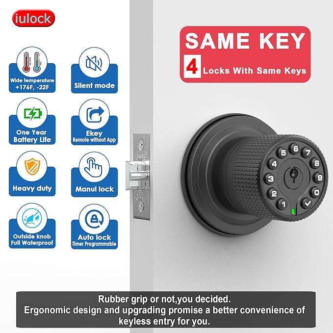 iulock Smart Door Knob with Keypad and Key, Keyless Entry Door Lock with Rubber (4 Pack)