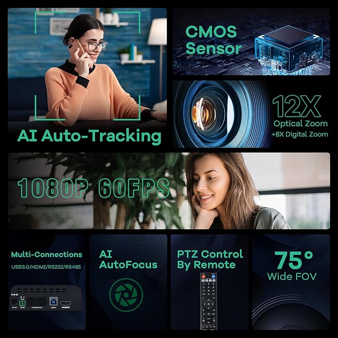 TONGVEO PTZ Camera AI Auto Tracking 12X Optical Zoom Conference Room Camera