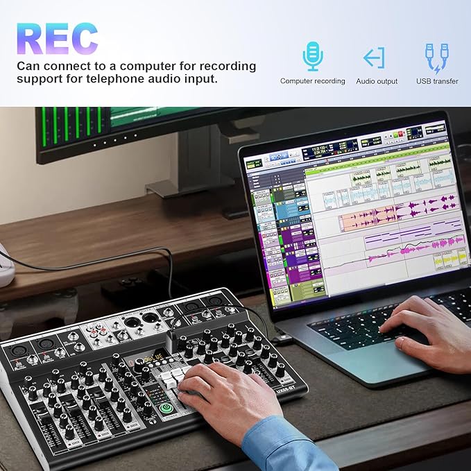 8 Channel Audio Mixer DJ Mixer Sound Board Console 16 Dsp USB Audio Interface