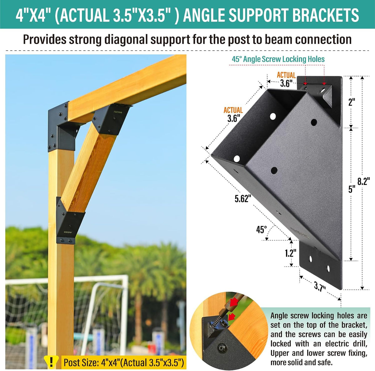 45 degree pergola angle support brackets, 4x4 wood shown in use