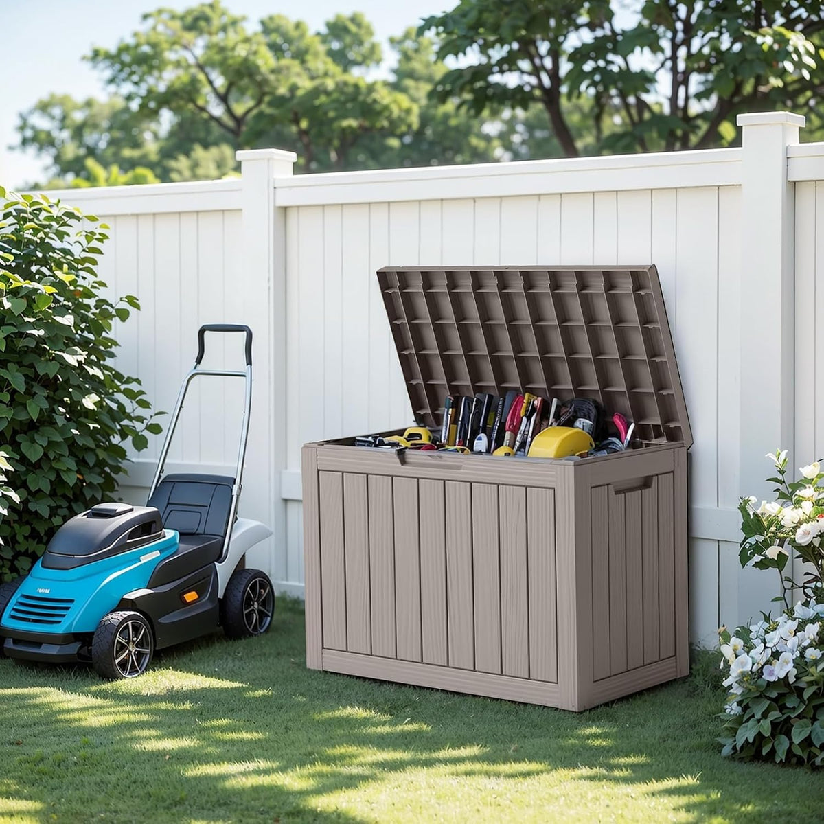 45 gallon waterproof resin deck box, uv resistant, front angle view