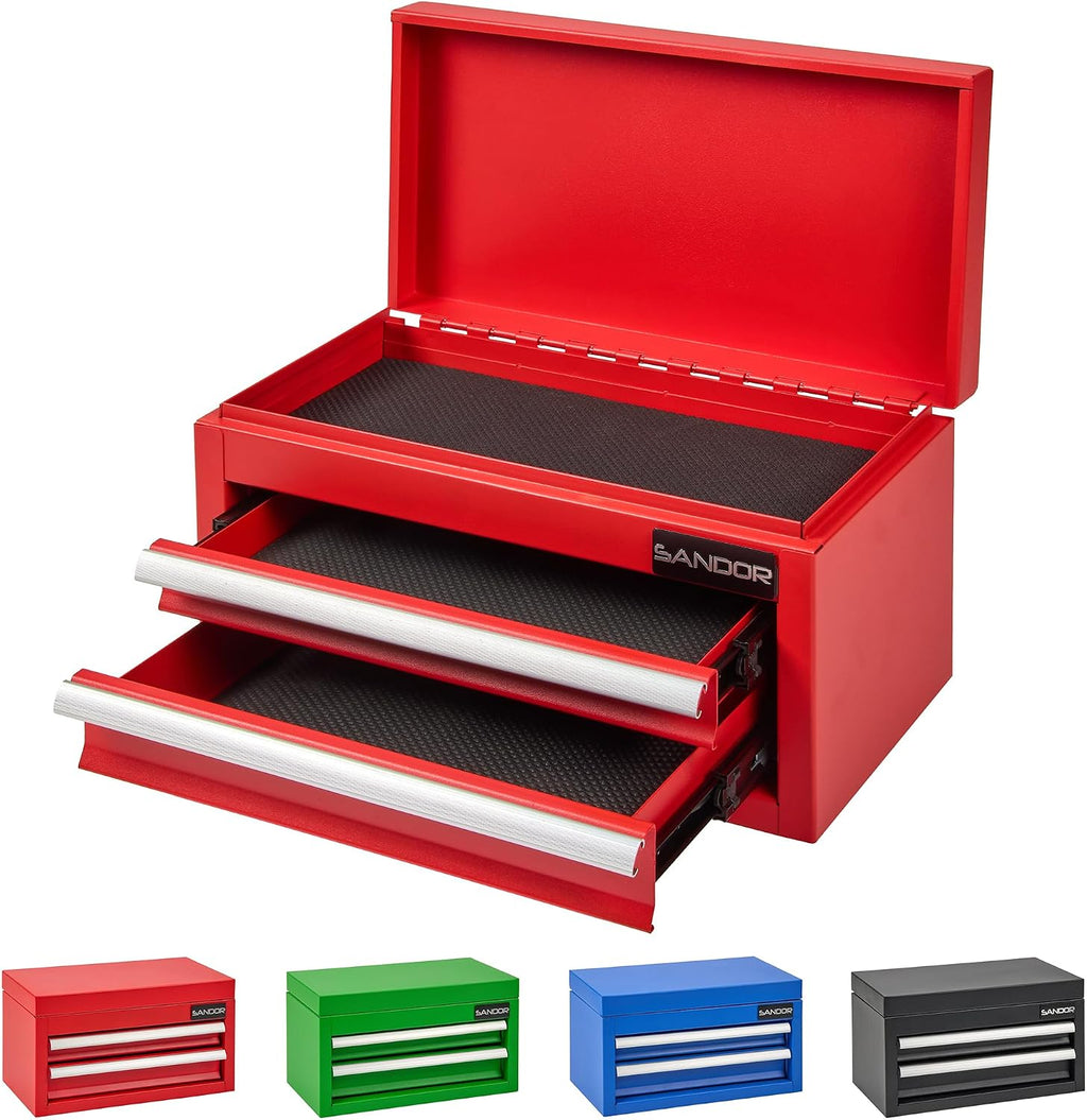 Mini Tool Box - Metal Tool Chest with 2 Drawers & PVC Drawer Liners - Red