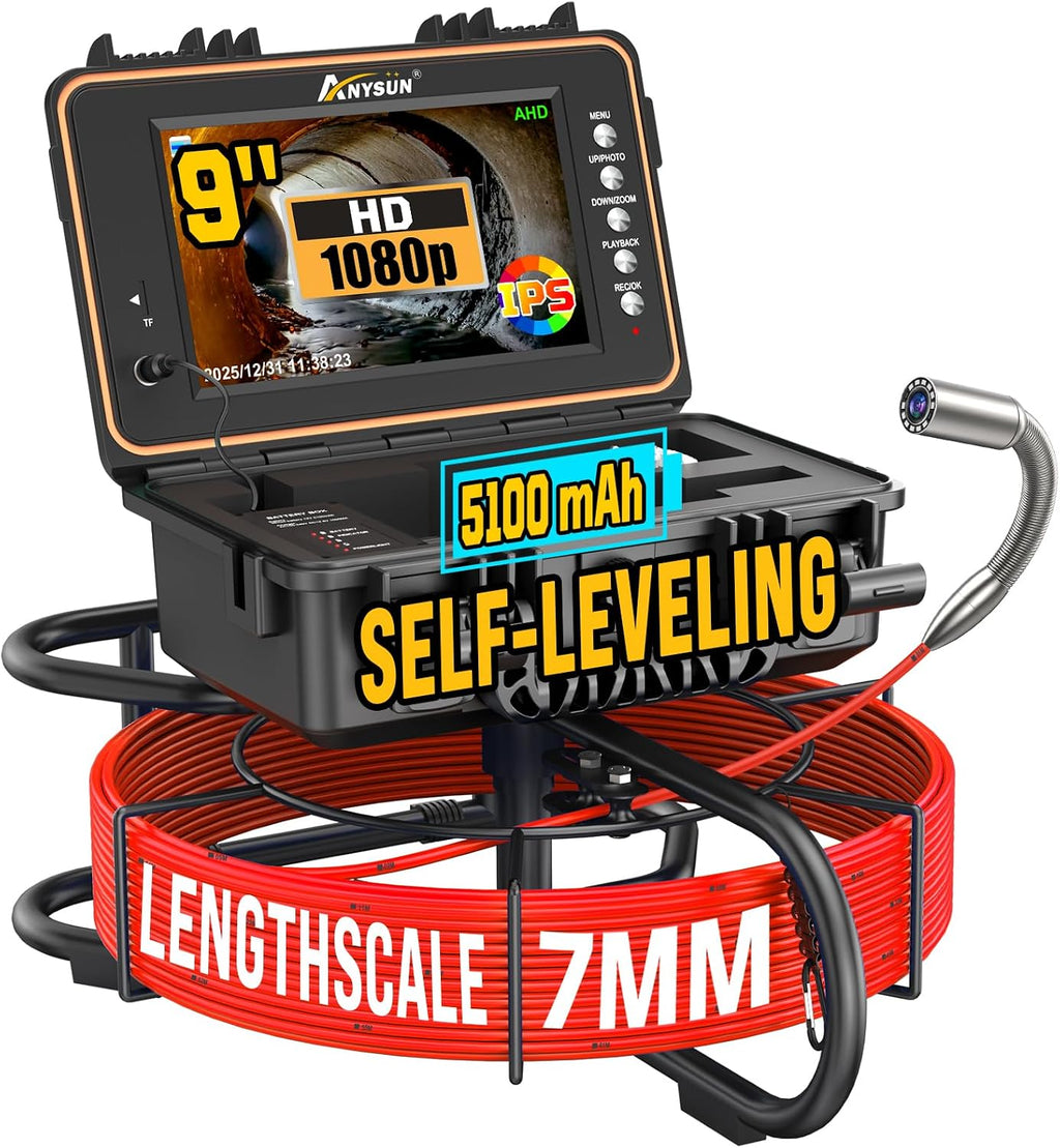 Anysun 9'' Sewer Camera Self Leveling, 7MM Fiberglass Cable, 5100mAh, DVR