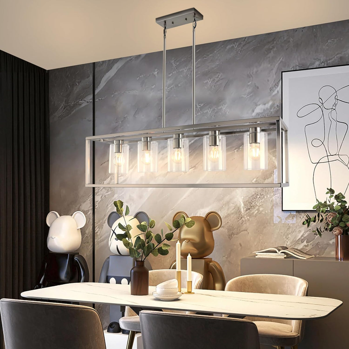 5 Light Chandeliers for Dining Room, Island Room Light Fixture | Sliver Modern Industrial Kitchen Lighting Fixtures Ceiling Easy Installation Pendant Lights for Bar Restaurant-E26 Socket