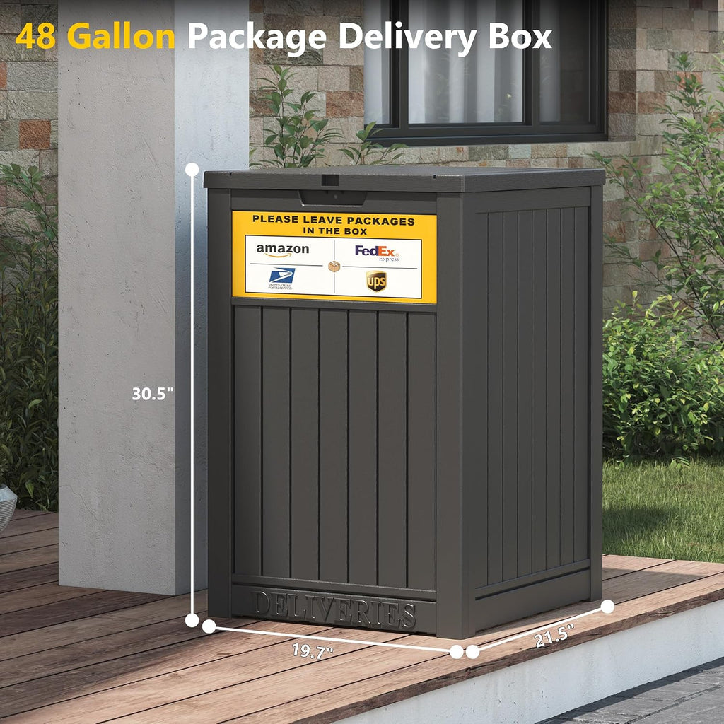 LHBGO Package Delivery Box for Outside with Sign, 48 Gallon Storage with Lockable Secure, Large Double Wall Resin Outdoor Package Delivery Waterproof